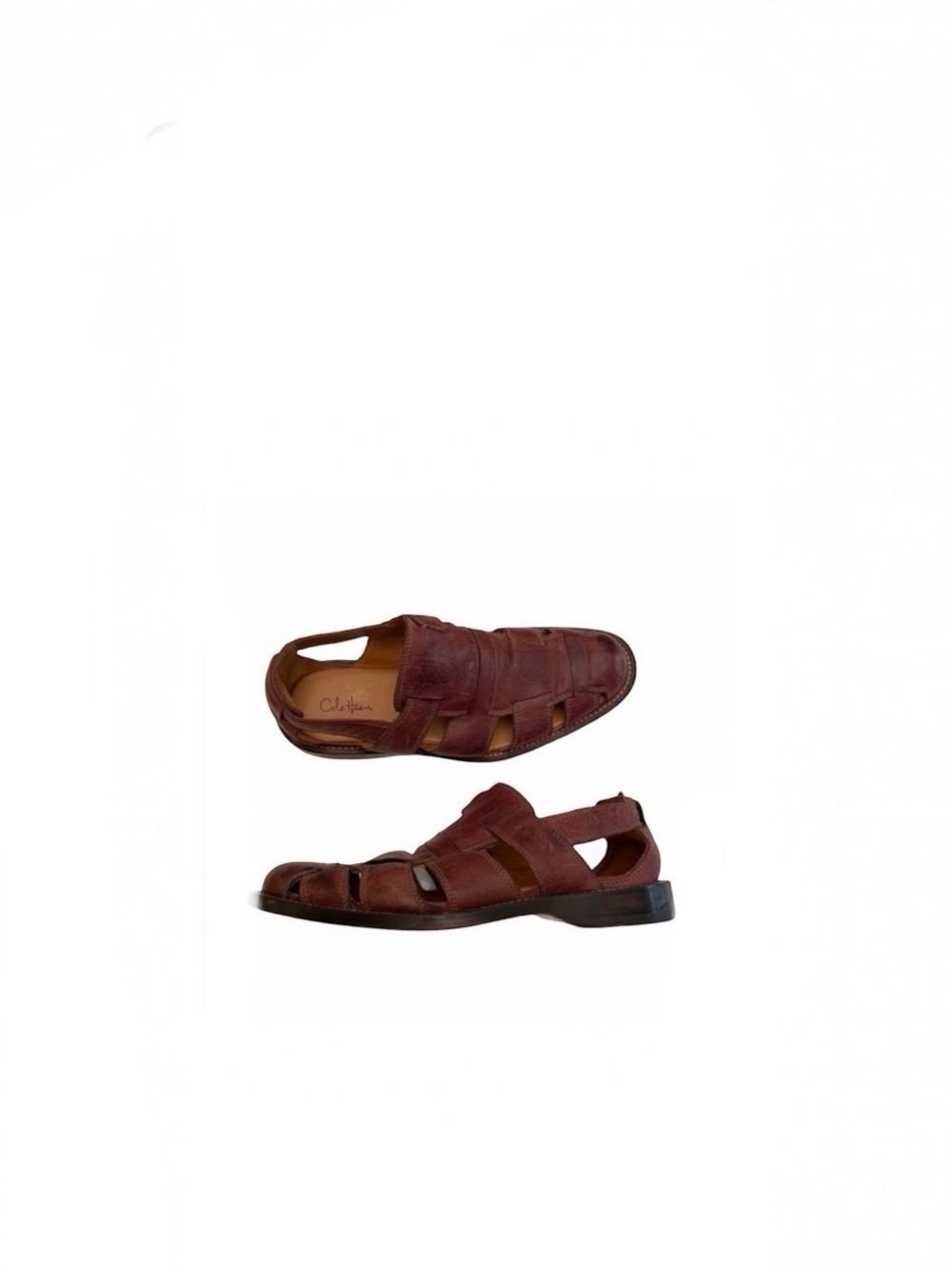 Cole Hahn brown leather woven fisherman summer slip on casual sandals size 9 1/2